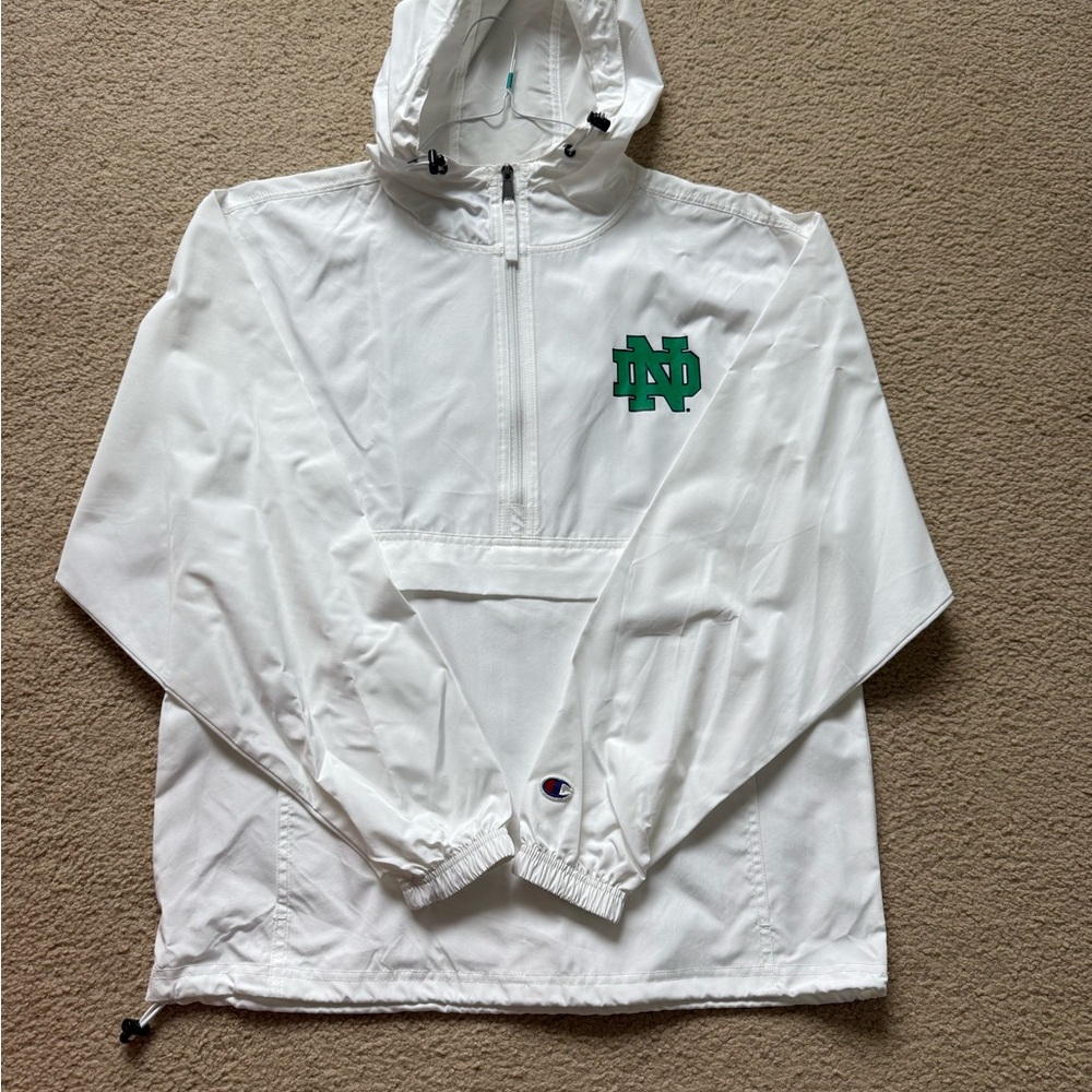 Notre Dame Champion White Pullover with Green Emblem